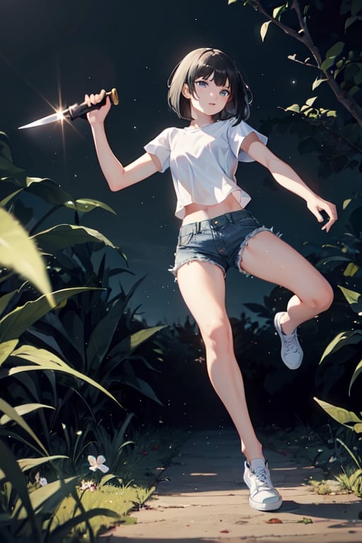 1girl, slim, black hair, bob cut, bangs, blue eyes, white shirt, short sleeve, holding one knife, blue denim short, white shoes, standing, grassfield, dark, night sky