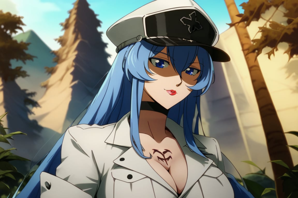 1girl, solo, mature female, aldult, blue eyes, blue hair, long hair, hat, peaked cap, cleavage, large breasts, military uniform, military, uniform, choker, chest tattoo, upper body, standing, outdoors, volcano, ESDEATH, depth of field, best quality, amazing quality, very aesthetic, best details, highres, score_9, score_8, score_7, oshi_no_ko_style