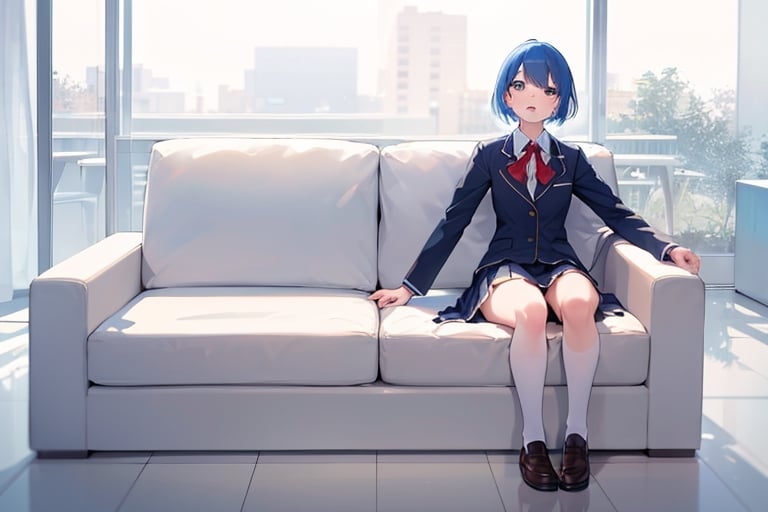 (masterpiece, best quality), highly detailed, highres, 1girl, blue hair, school uniform, sitting, couch, interior