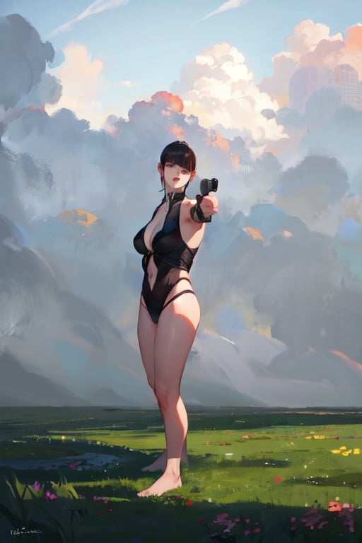 masterpiece, best quality, highly detailed, highres, 1girl, short hair, standing, gun, BREAK outdoor, grass, nature