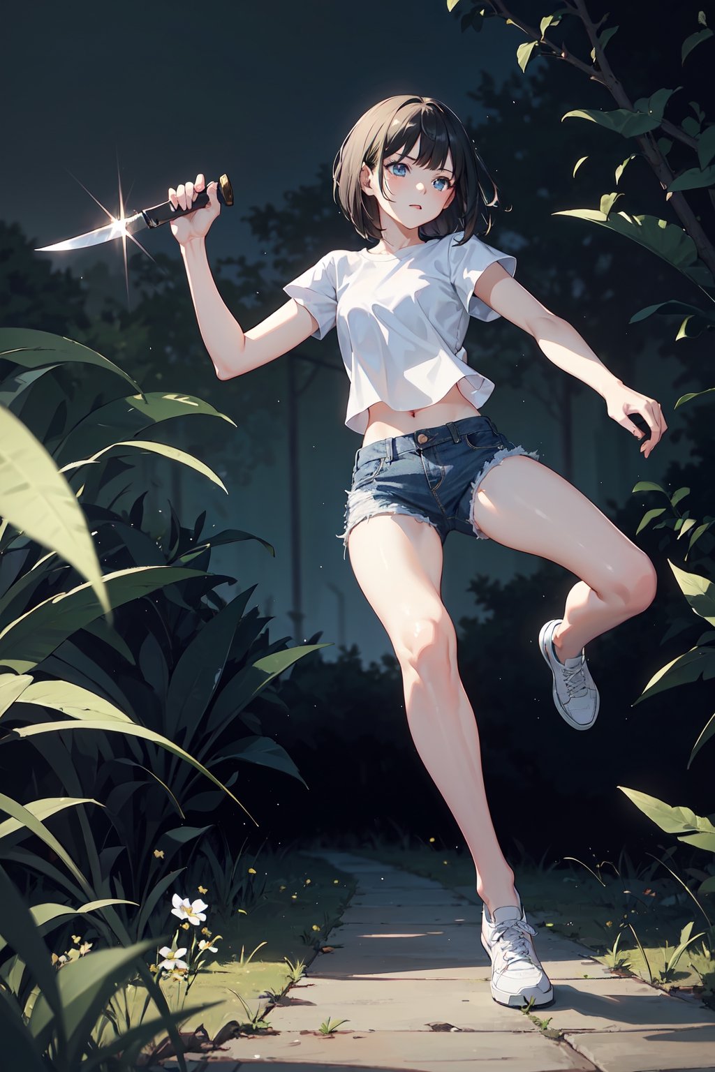 1girl, slim, black hair, bob cut, bangs, blue eyes, white shirt, short sleeve, holding one knife, blue denim short, white shoes, standing, grassfield, dark, night sky