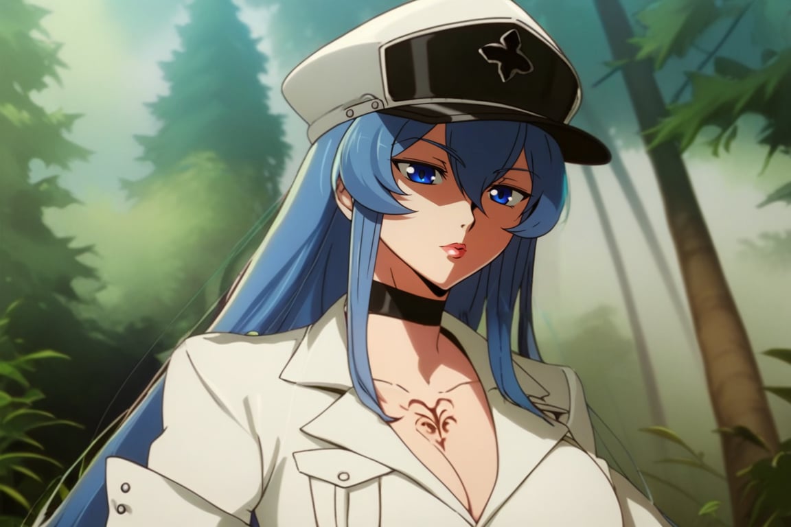 score_9, score_8_up, score_7_up, score_6_up, score_5_up, score_4_up, BREAK source_anime, 1girl, solo, esdeath, mature female, aldult, blue eyes, blue hair, long hair, hat, peaked cap, cleavage, large breasts, military uniform, military, uniform, choker, chest tattoo, upper body, standing, outdoors, nature, oshi_no_ko_style