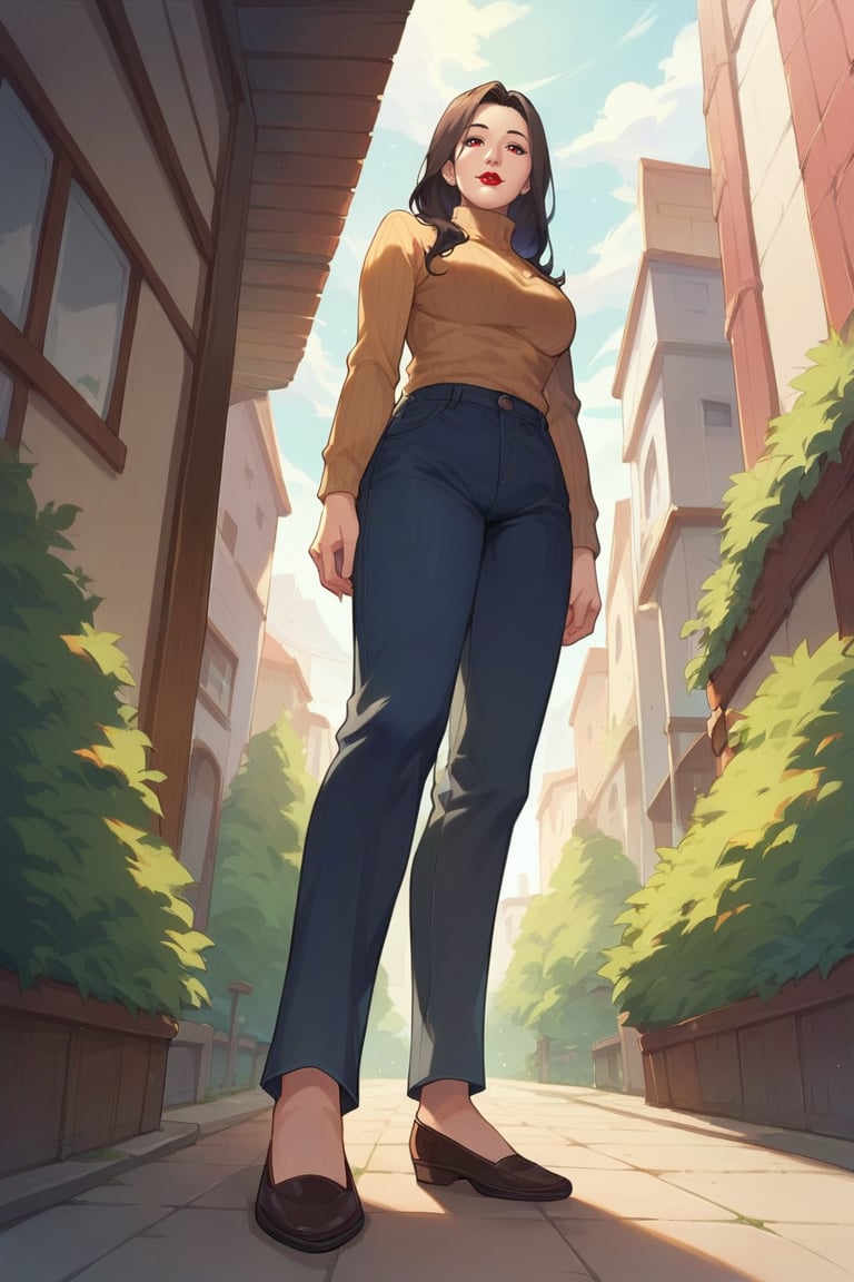score_9,score_8_up,score_7_up,score_6_up, 1girl, mature female, black hair, long hair, straight hair, forehead, brown eyes, turtleneck sweater, pants, shoes, standing, outside, from below,
