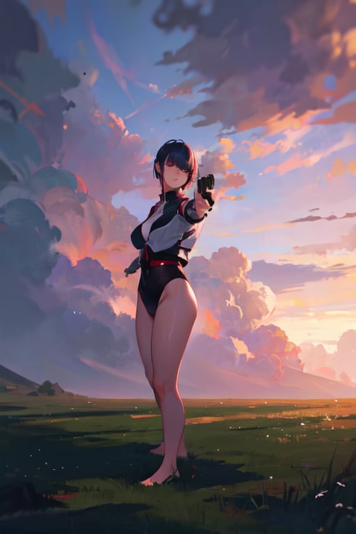 masterpiece, best quality, highly detailed, highres, 1girl, short hair, standing, gun, BREAK outdoor, grass, nature