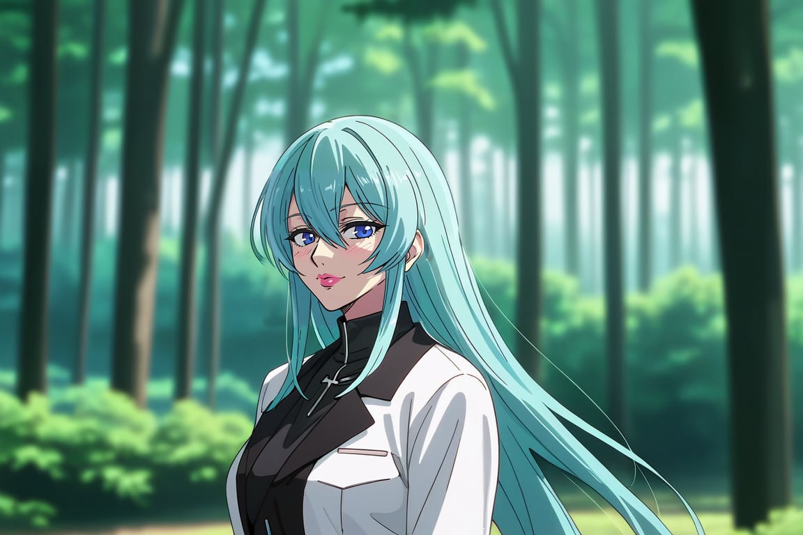 1girl, solo, mature female, aldult, esdeath, aqua hair, upper body, standing, outdoors, nature, trees, depth of field, best quality, amazing quality, very aesthetic, best details, highres, score_9, score_8, score_7,oshi_no_ko_style