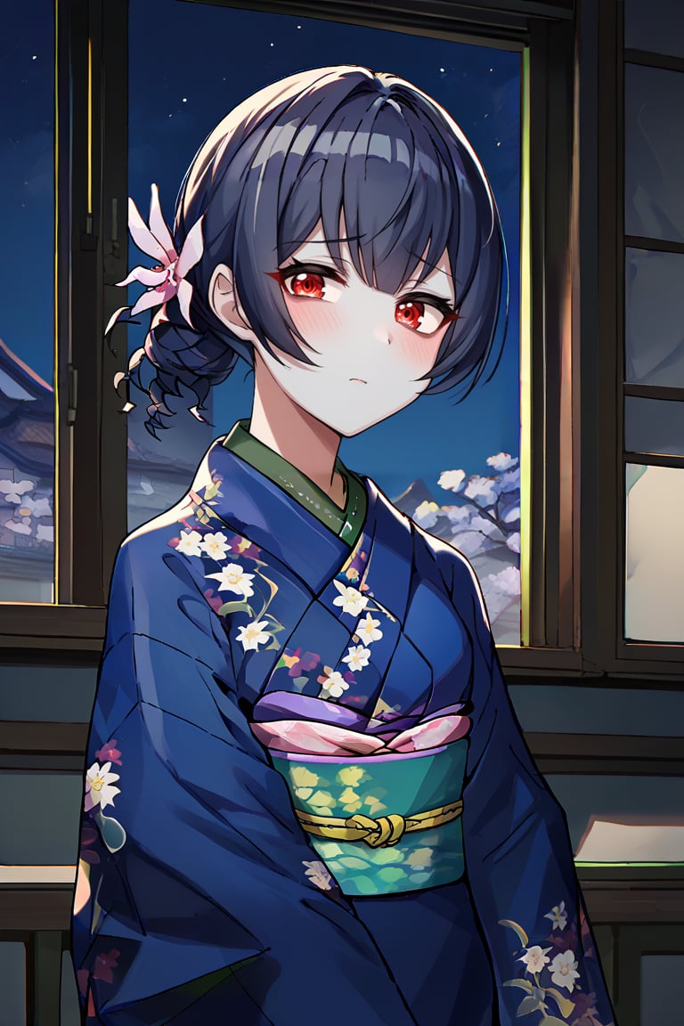 score_9, score_8_up, score_7_up, score_6_up, score_5_up, score_4_up, BREAK source_anime, 1girl, zombie, morino rinze, looking at viewer, single hair bun, hair flower, red eyes, blue kimono, floral print, long sleeves, indoors, modern, window, night sky