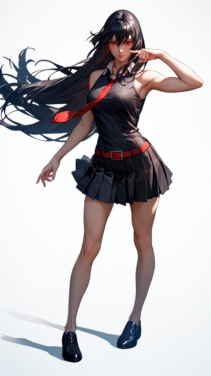 score_9, score_8_up, score_7_up, 1girl, Akame,RED EYES, LONG HAIR, BLACK HAIR,BLACK DRESS, SLEEVELESS, PLEATED SKIRT,BLACK SHIRT, NECKTIE, RED BELT, black shoes, standing, t-pose, from front, white background, simple background