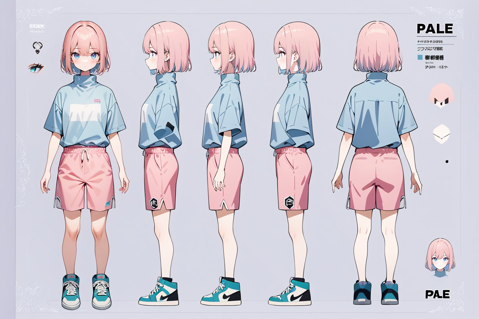 1girl, pale, pink hair, short hair, hair between eyes, blue shirt, turtleneck, short sleeve, pink sweat shorts, sneakers, standing, character sheet, turnaround, model sheet, masterpiece, best quality, absurdres, very aesthetic, newest, General