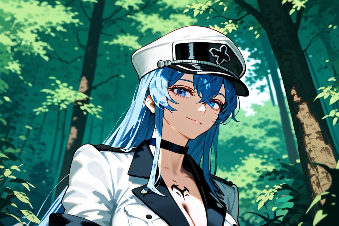 1girl, solo, mature female, aldult, blue eyes, blue hair, long hair, hat, peaked cap, cleavage, large breasts, military uniform, military, uniform, choker, chest tattoo, upper body, standing, outdoors, nature, trees, ESDEATH, depth of field, best quality, amazing quality, very aesthetic, best details, highres, score_9, score_8, score_7