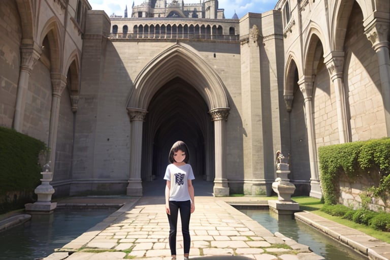 (masterpiece), best quality, medieval, casrtle interior, 1girl, standing, brown eyes, black hair, short hair, shirt, short sleeve, skinny pants