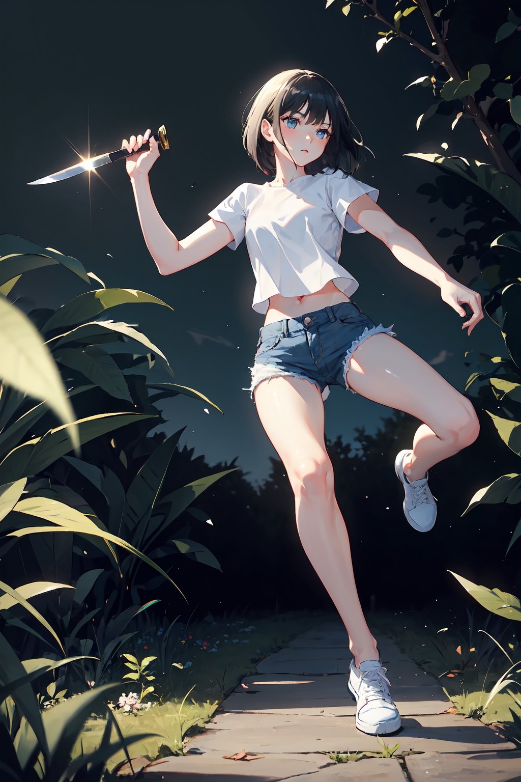 1girl, slim, black hair, bob cut, bangs, blue eyes, white shirt, short sleeve, holding one knife, blue denim short, white shoes, standing, grassfield, dark, night sky