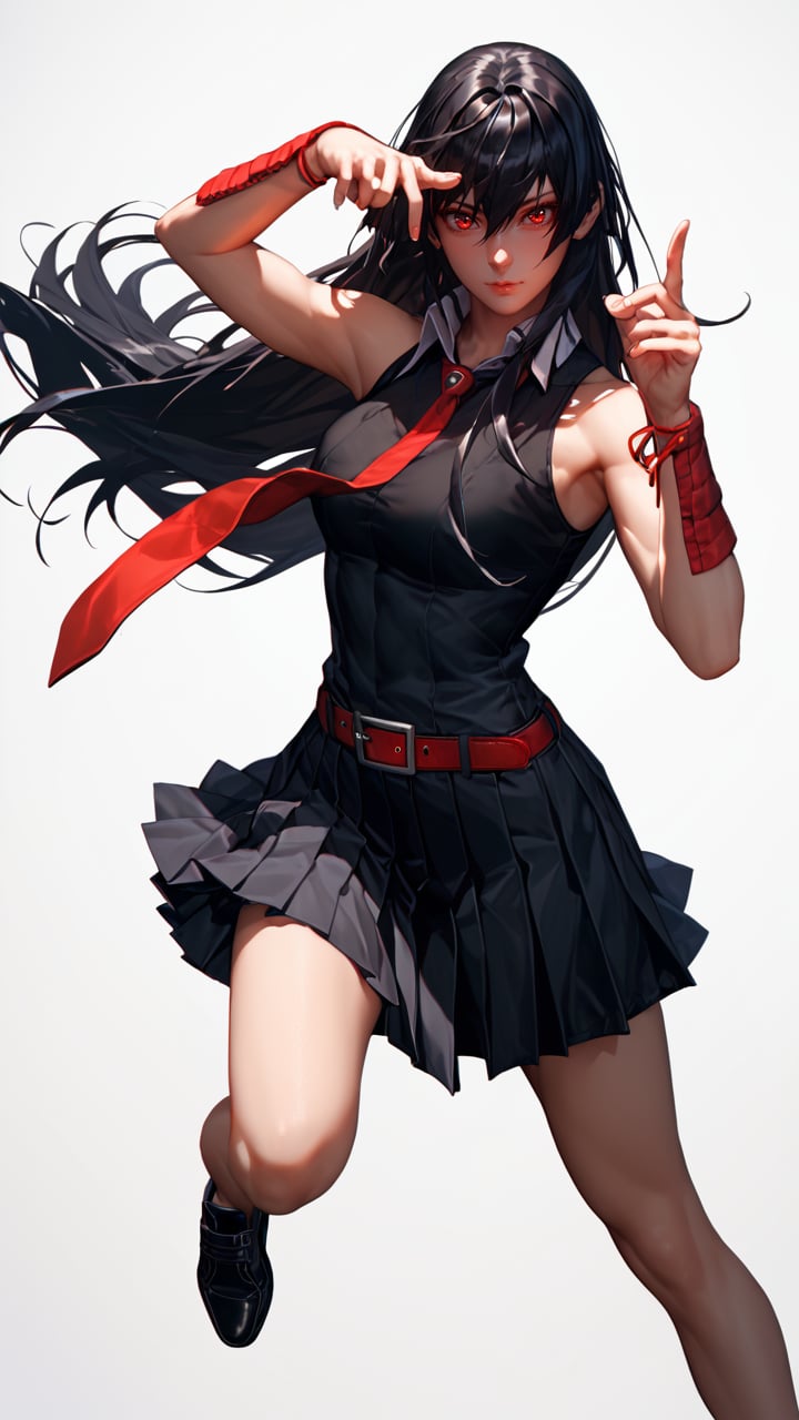 score_9, score_8_up, score_7_up, 1girl, Akame,RED EYES, LONG HAIR, BLACK HAIR,BLACK DRESS, SLEEVELESS, PLEATED SKIRT,BLACK SHIRT, NECKTIE, RED BELT, black shoes, standing, t-pose, from front, white background, simple background