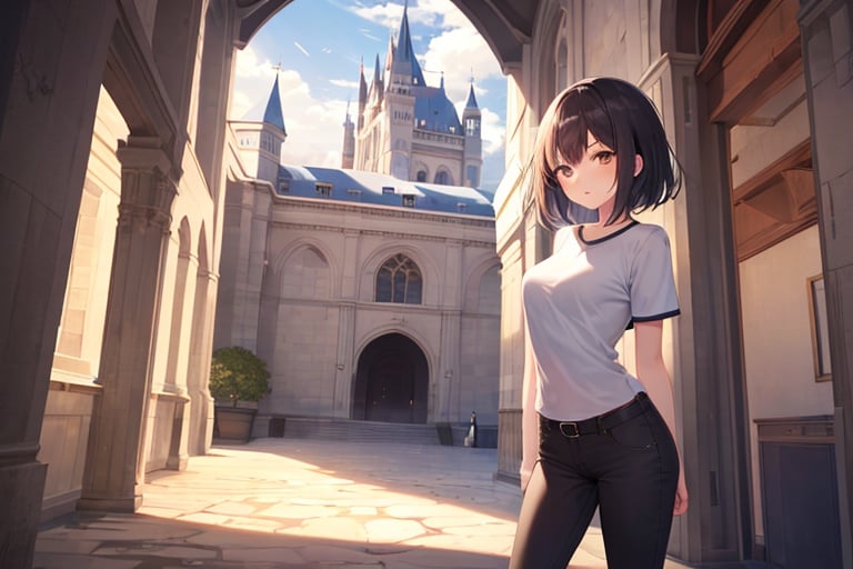 (masterpiece), best quality, castle, indoor, 1girl, standing, brown eyes, black hair, short hair, shirt, short sleeve, skinny pants