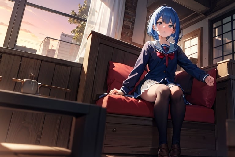 (masterpiece, best quality), highly detailed, highres, 1girl, blue hair, school uniform, sitting, couch, interior