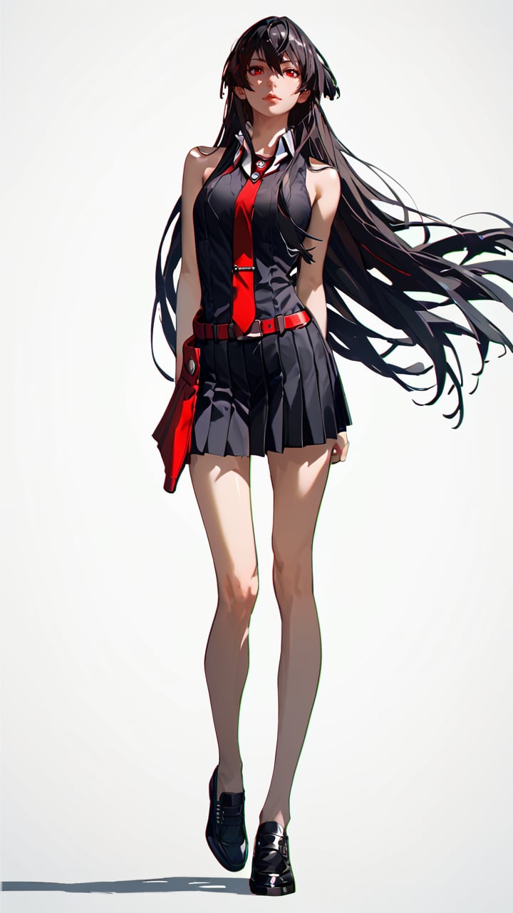 score_9, score_8_up, score_7_up, 1girl, Akame,RED EYES, LONG HAIR, BLACK HAIR,BLACK DRESS, SLEEVELESS, PLEATED SKIRT,BLACK SHIRT, NECKTIE, RED BELT, black shoes, standing, from front, white background, simple background