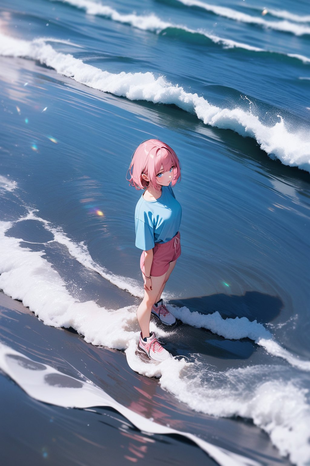 [1girl: 3], [pale: 3], [pink hair: 3], [short hair: 3], [hair between eyes: 3], [blue shirt: 3], [short sleeve: 3], [pink shorts: 3], [sneakers: 3], standing, on water, from above, masterpiece, best quality, absurdres, very aesthetic, newest, General