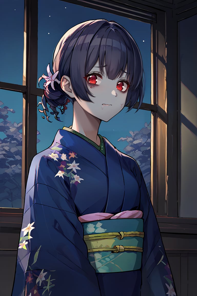 score_9, score_8_up, score_7_up, score_6_up, score_5_up, score_4_up, BREAK source_anime, 1girl, zombie, morino rinze, looking at viewer, single hair bun, hair flower, red eyes, blue kimono, floral print, long sleeves, indoors, modern, window, night sky