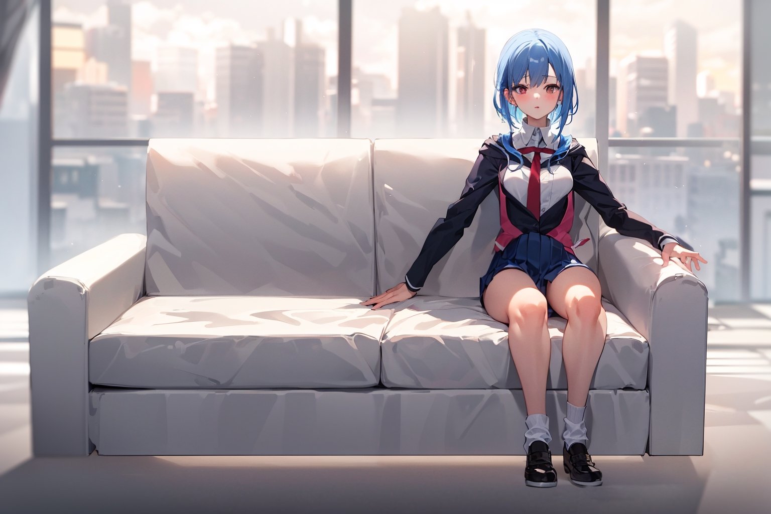 (masterpiece, best quality), highly detailed, highres, 1girl, blue hair, school uniform, sitting, couch, interior