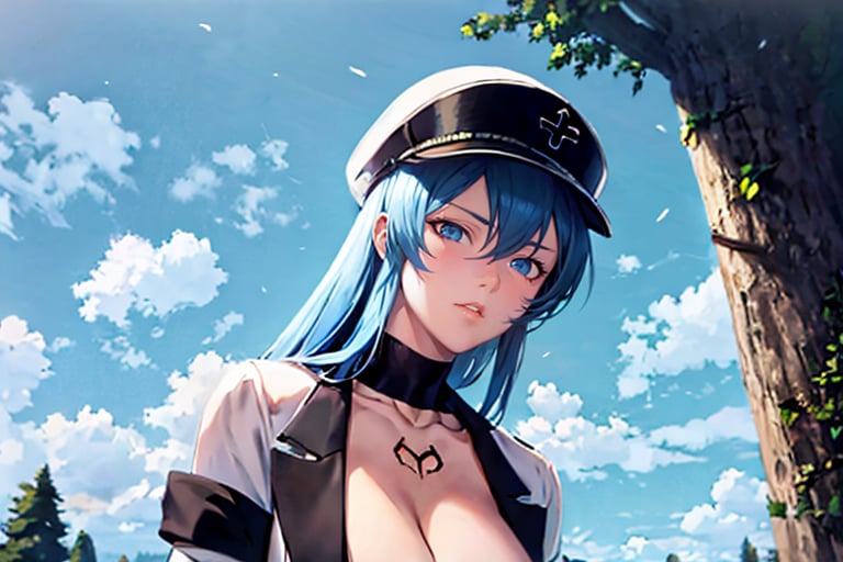 masterpiece, best quality, 1girl, solo, mature female, aldult, blue eyes, blue hair, long hair, hat, peaked cap, cleavage, large breasts, military uniform, military, uniform, choker, chest tattoo, upper body, standing, outdoors, nature, trees, esdeath,witcher