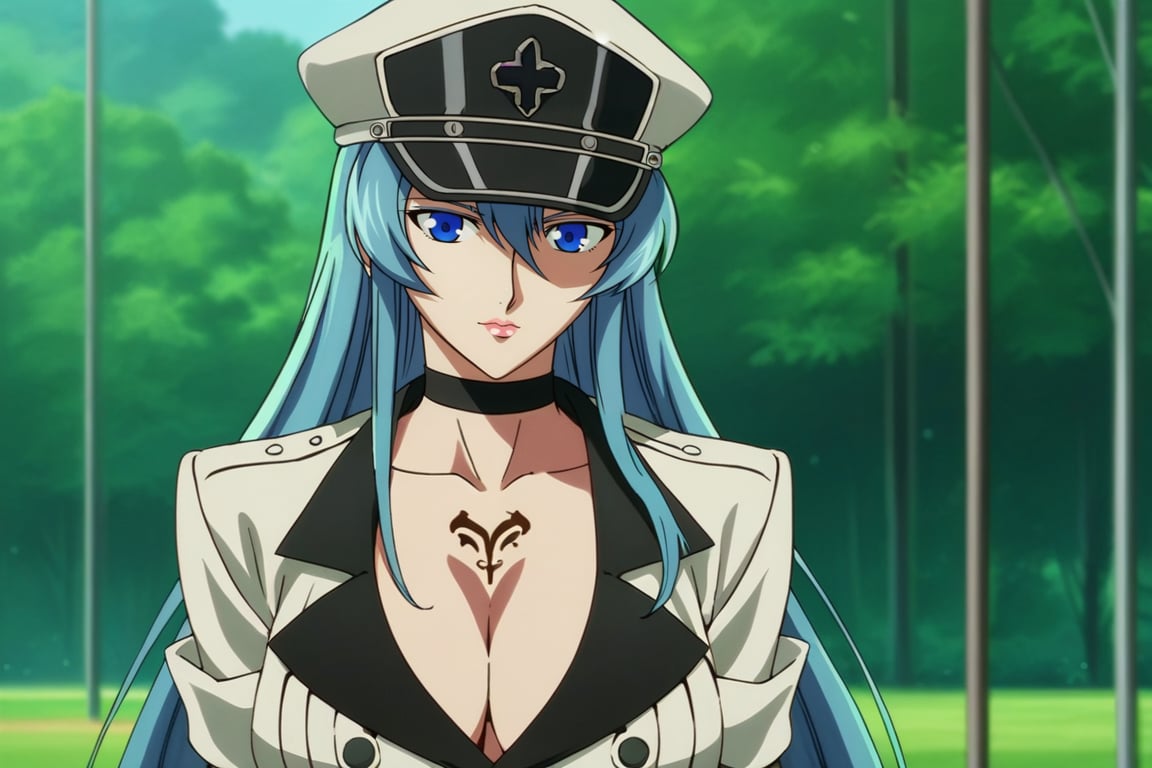 score_9, score_8_up, score_7_up, score_6_up, score_5_up, score_4_up, BREAK source_anime, 1girl, solo, esdeath, mature female, aldult, blue eyes, blue hair, long hair, hat, peaked cap, cleavage, large breasts, military uniform, military, uniform, choker, chest tattoo, upper body, standing, outdoors, nature, oshi_no_ko_style