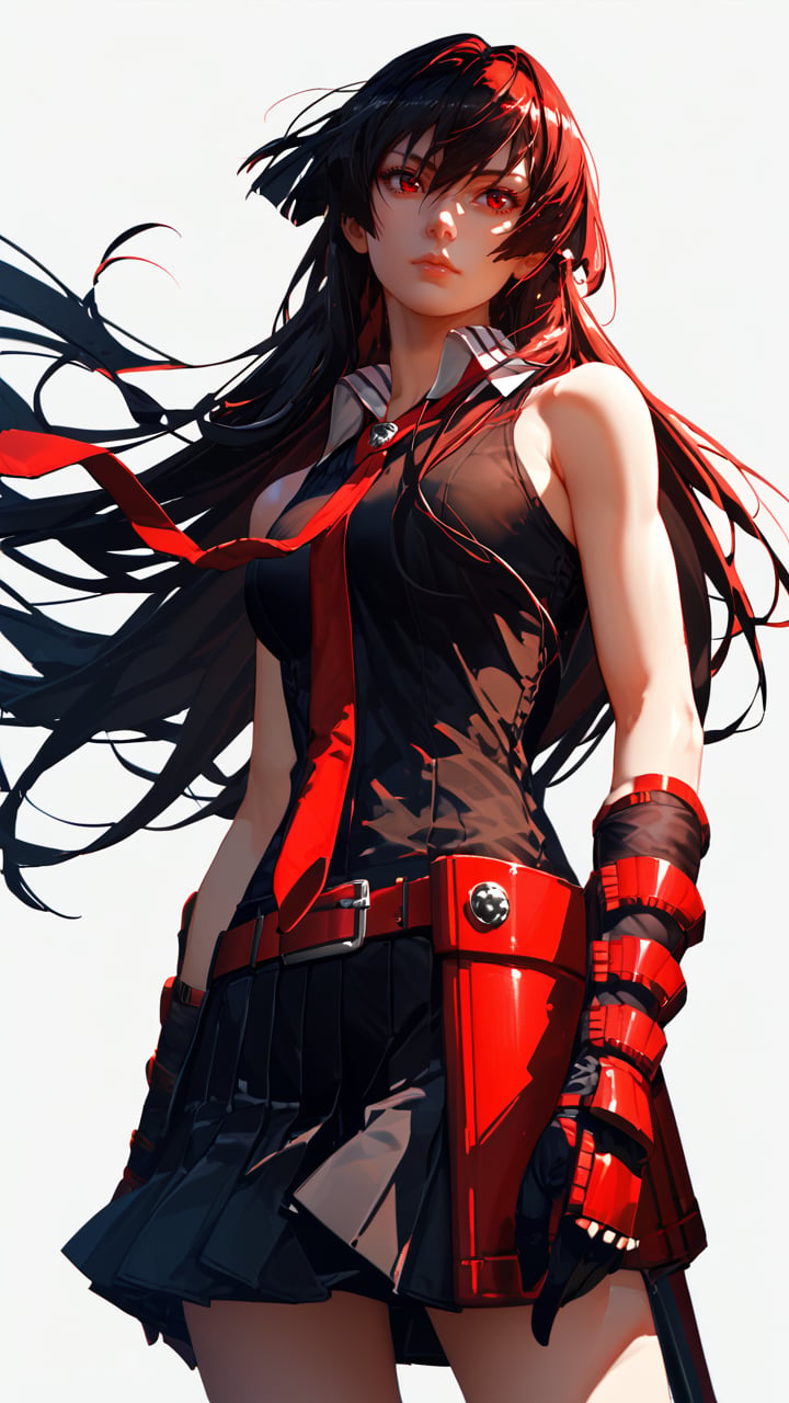 score_9, score_8_up, score_7_up, 1girl, Akame,RED EYES, LONG HAIR, BLACK HAIR,BLACK DRESS, SLEEVELESS, PLEATED SKIRT,BLACK SHIRT, NECKTIE,GAUNTLETS, RED BELT, standing, white background, simple background