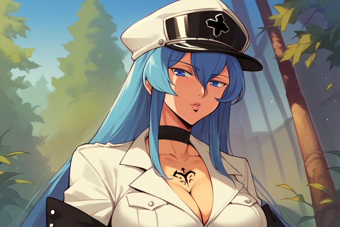 score_9, score_8_up, score_7_up, score_6_up, score_5_up, score_4_up, BREAK source_anime, 1girl, solo, esdeath, mature female, aldult, blue eyes, blue hair, long hair, hat, peaked cap, cleavage, large breasts, military uniform, military, uniform, choker, chest tattoo, upper body, standing, outdoors