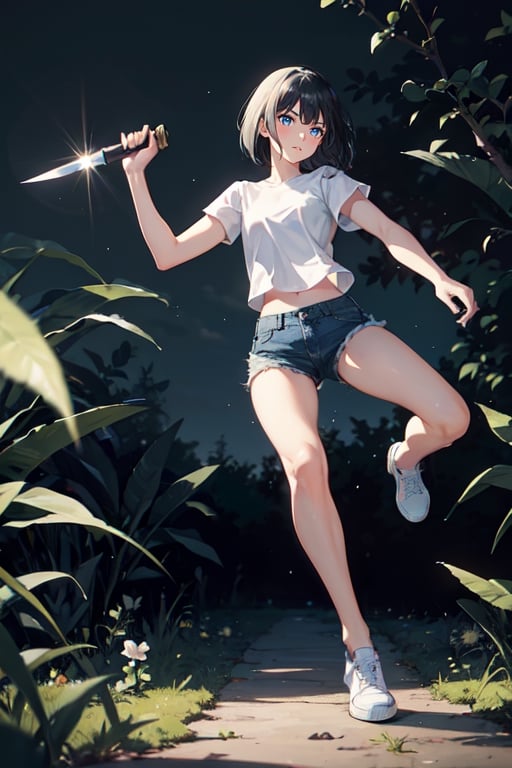 1girl, slim, black hair, bob cut, bangs, blue eyes, white shirt, short sleeve, holding one knife, blue denim short, white shoes, standing, grassfield, dark, night sky