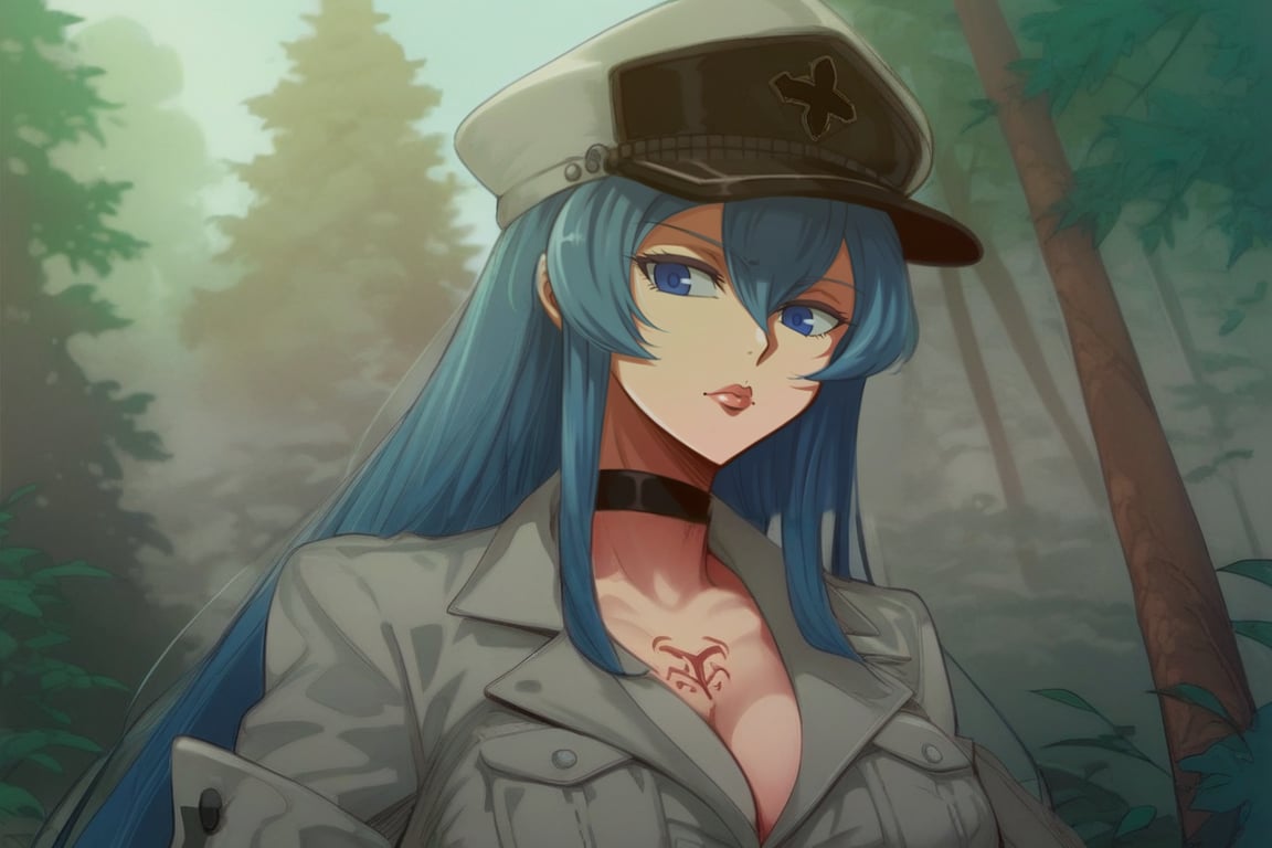 score_9, score_8_up, score_7_up, score_6_up, score_5_up, score_4_up, BREAK source_anime, 1girl, solo, esdeath, mature female, aldult, blue eyes, blue hair, long hair, hat, peaked cap, cleavage, large breasts, military uniform, military, uniform, choker, chest tattoo, upper body, standing, outdoors, nature, oshi_no_ko_style