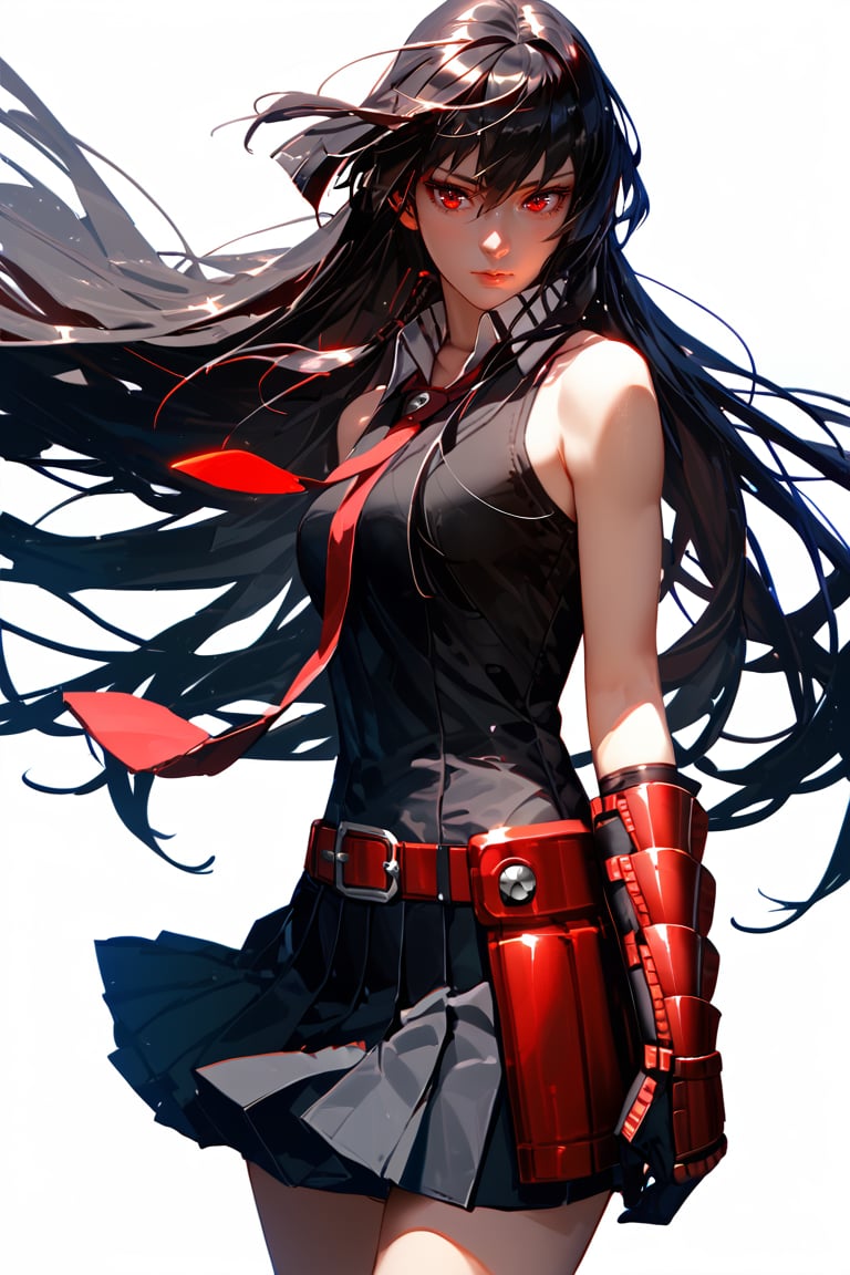 score_9, score_8_up, score_7_up, 1girl, Akame,RED EYES, LONG HAIR, BLACK HAIR,BLACK DRESS, SLEEVELESS, PLEATED SKIRT,BLACK SHIRT, NECKTIE,GAUNTLETS, RED BELT, standing, white background, simple background