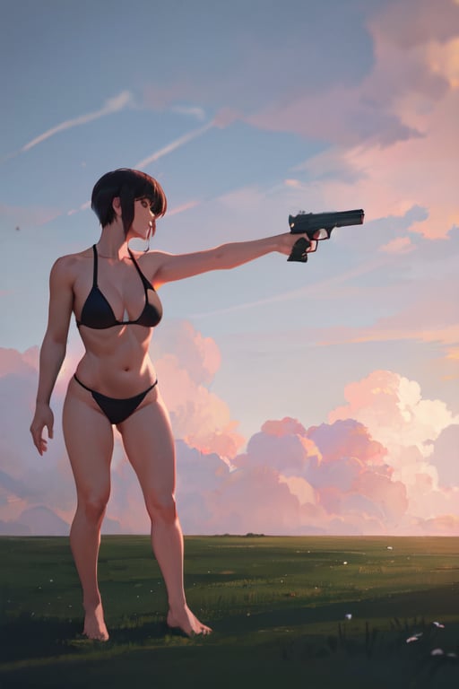 masterpiece, best quality, highly detailed, highres, 1girl, short hair, standing, gun, BREAK outdoor, grass, nature