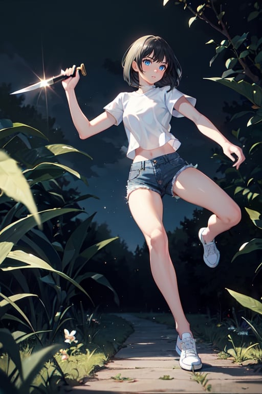 1girl, slim, black hair, bob cut, bangs, blue eyes, white shirt, short sleeve, holding one knife, blue denim short, white shoes, standing, grassfield, dark, night sky