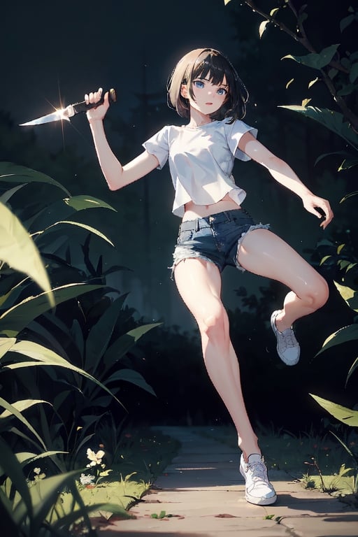 1girl, slim, black hair, bob cut, bangs, blue eyes, white shirt, short sleeve, holding one knife, blue denim short, white shoes, standing, grassfield, dark, night sky