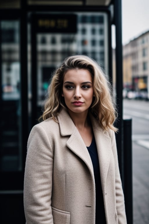 A portrait of a woman at a bus stop, capturing her poised anticipation amidst urban chaos. With chestnut hair cascading in loose waves around her shoulders, she exudes confidence in a tailored coat, her eyes reflecting resilience amid the city's hustle.,<lora:659111690174031528:1.0>