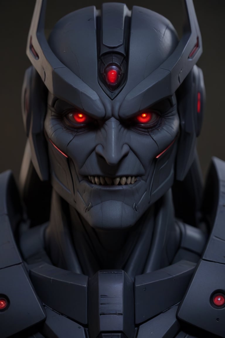 face Megatron G1, Detailedface, portrait of female Megatron, smiling, looking at the viewer, red eyes, detailed eyes, menacing look, sinister smile, high detailed, high quality, 4k, art, detailed face, large breasts,SkyV,<lora:659095807385103906:1.0>