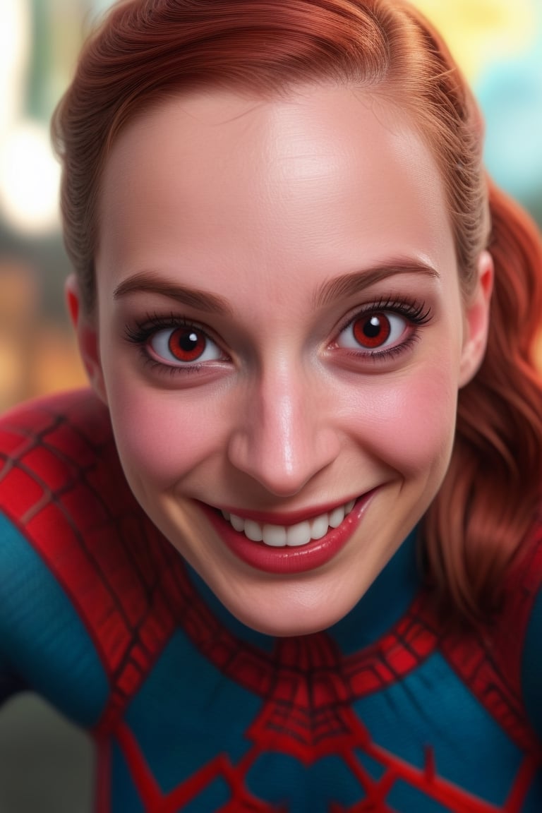 Detailedface, portrait of female spiderman, smiling, looking at the viewer, red eyes, detailed eyes, menacing look, sinister smile, high detailed, high quality, 4k, art, detailed face,AnyGirl,disney pixar style,,<lora:659095807385103906:1.0>