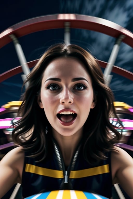 A dynamic pop art painting of a woman mid-air, thrown from a rollercoaster with vibrant colors and swirling tracks in the background, capturing the exhilarating and terrifying experience of the amusement park ride. Close-up,<lora:659111690174031528:1.0>