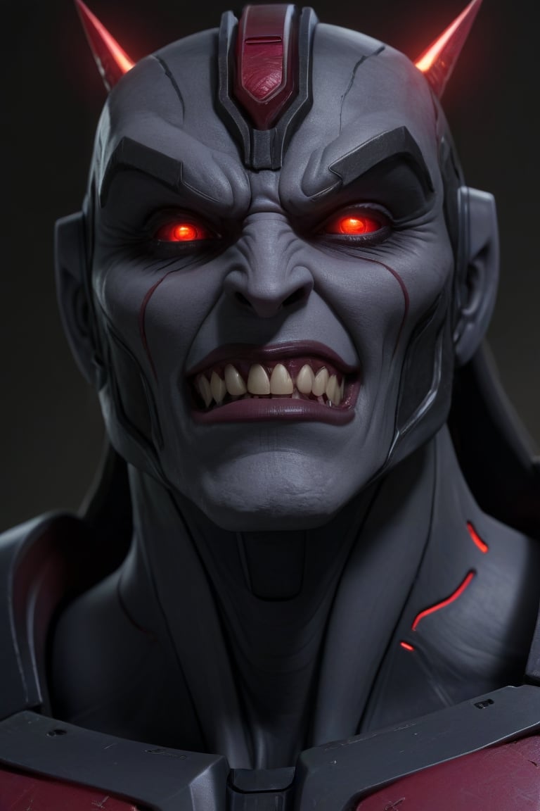 face Megatron G1, Detailedface, portrait of female Megatron, smiling, looking at the viewer, red eyes, detailed eyes, menacing look, sinister smile, high detailed, high quality, 4k, art, detailed face, large breasts,SkyV,<lora:659095807385103906:1.0>