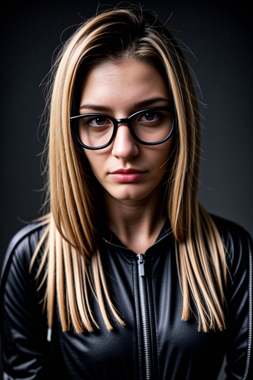 a 30 yo woman, gorgeous, skinny, 80lb, ginger long hair, wearing glasses, dark theme, black_clothing, soothing tones, muted colors, high contrast, (natural skin texture, hyperrealism, soft light, sharp), blue, background, night background, shine, (((urban techwear))), techwear:1.4,(((prompto argentum))), ffxiv:1.4, detailed_hand:1.3,<lora:659111690174031528:1.0>