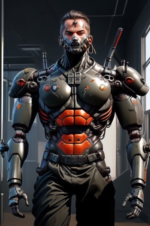 shirtless warrior, cybernetic, black body armour,Mecha body, ninja