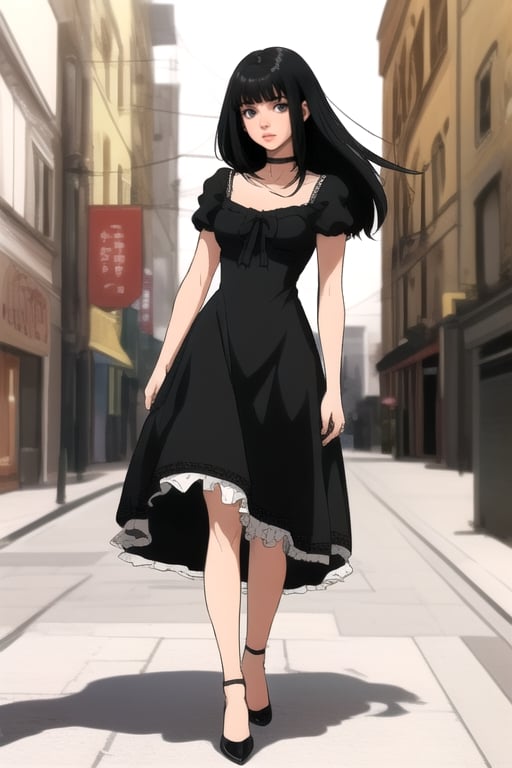 girl with black hair and dress 