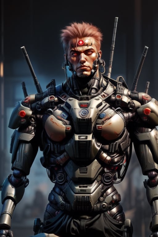 shirtless warrior, cybernetic, black body armour,Mecha body, red eyes