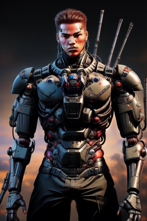 shirtless warrior, cybernetic, black body armour,Mecha body, red eyes