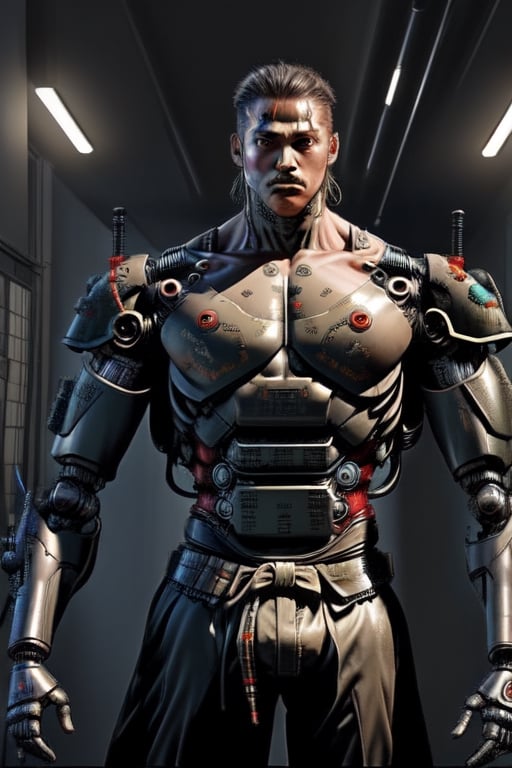 shirtless warrior, cybernetic, black body armour,Mecha body, samurai