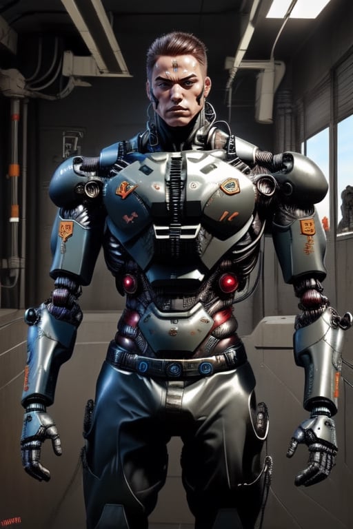 shirtless warrior, cybernetic, black body armour,Mecha body
