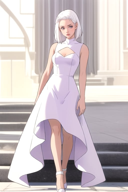 girl with white hair purple tints and white dress