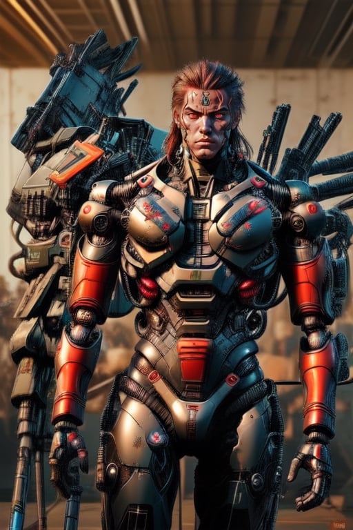 shirtless warrior, cybernetic, black body armour,Mecha body, red eyes