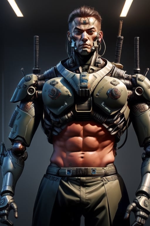 shirtless warrior, cybernetic, black body armour,Mecha body, samurai