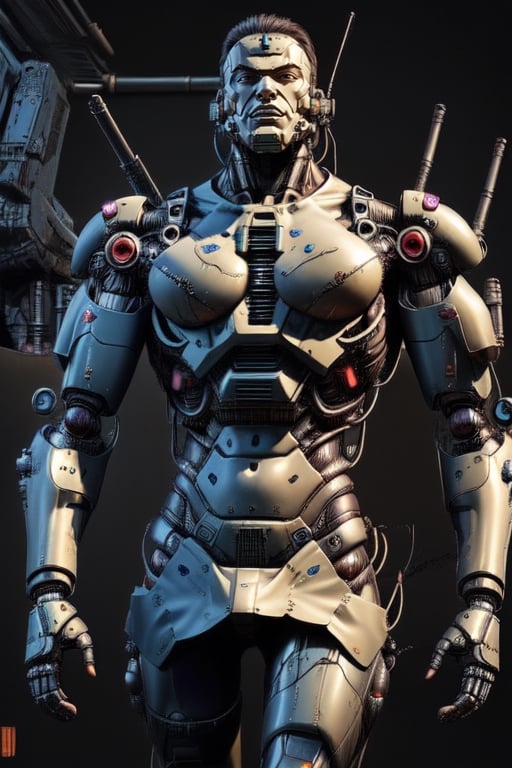 shirtless warrior, cybernetic, black body armour,Mecha body