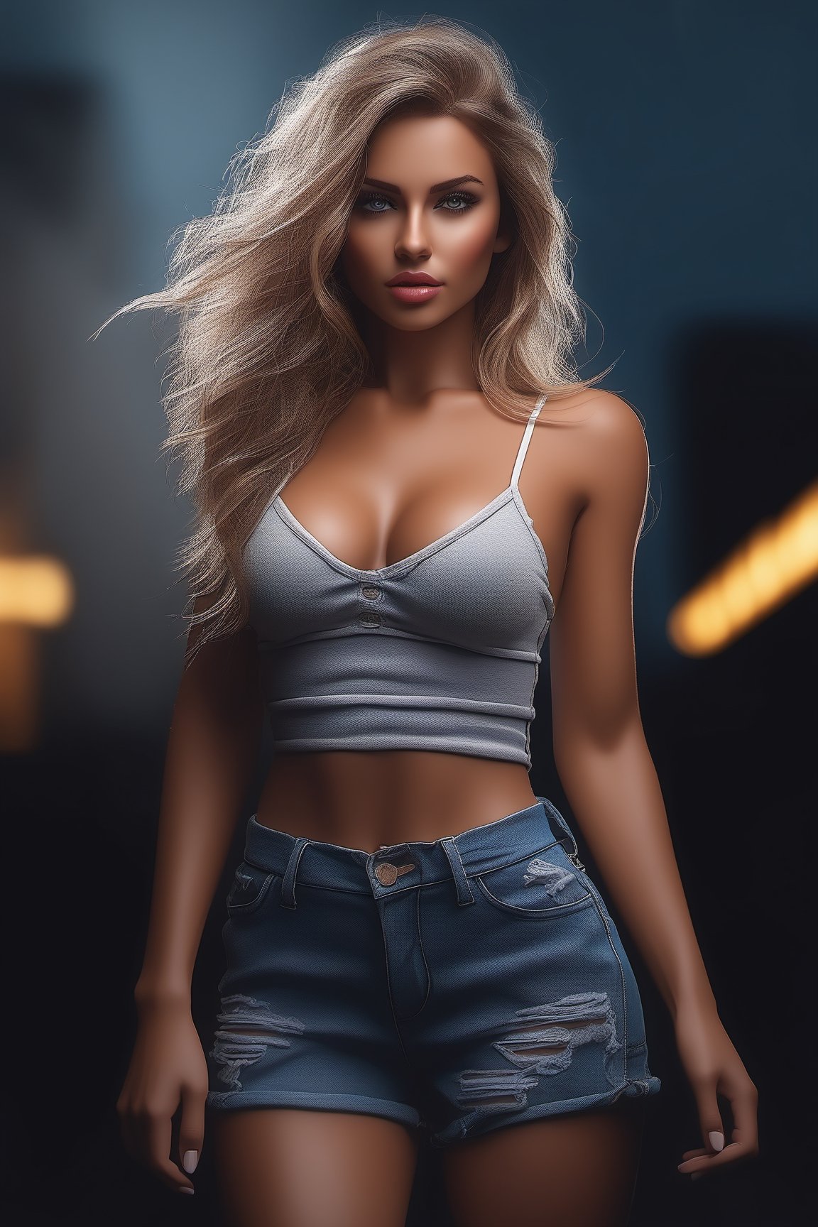 Epic Poses (Full Body Photo: 1.5), (Front View: 1.2), (Masterpiece: 1.1), Standing, High Heels, Outside, 1 Woman, 27 Year Old Sexy Sensual Body, Blonde, Long Wavy Hair and messy, Ultra-realistic super defined, hyper-realistic and hyper-detailed face, ((detailed skin texture, 1.5 pores)), (looking flirtatiously at viewers), detailed and noise-free focused face, detailed eyes, detailed lips, ((taken with a 70 x 200 2.5 lens)) beautiful face, 16k, FHD, 8K, masterpiece, raw photo, best quality, photorealistic, highly detailed CG Unity 8k wallpaper, depth of field, cinematic light, realism, extremely realistic (full long photo: 1.3), (walking and posing outside), in a warm semi-rainy and humid environment, areas semi-lit by afternoon light, intricate (dense fog, fog, mist: 1.3), dressed wearing super hot shorts, crop top above low-cut navel highlighting her body figure, beautiful detailed legs, showing her beauty, outdoors, artwork, smoking a cigarette, looking flirtatious at the camera, tall resolution, 4k, 8k, highly detailed fingers and nails, super detailed voice, extremely detailed, different poses, realistic, light on the face, cinematic lighting, super detailed eyes  perfect eyes Professional, modern, product focused , commercial, eye-catching, very detailed