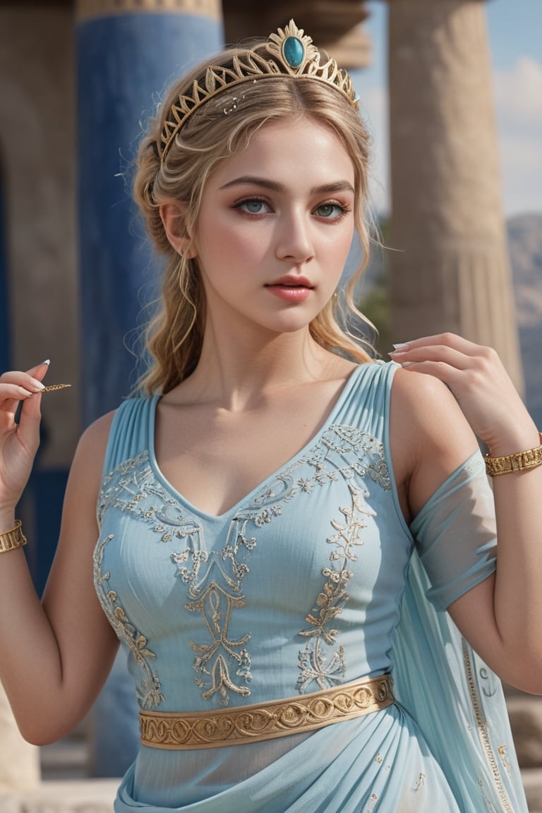 masterpiece, best quality, photorealistic, ultra detailed, fine details, high resolution, 8k wallpaper, professional, high level of detail, (focused sharp piece, (((full figure visible full body greek goddess))), blonde hair, large depth of field, full body photo (beautiful goddess from Greek mythology), fantasy landscape ))), soft colors, ((( lace mesh, exotic dress, intricately celestial, (fitted to her body) , (showing the beauty of her body), crown, bracelets, (beautiful face), (detailed eyes), detailed luscious lips, perfect hands, detailed fingers, defined nails), (real skin texture), (perfect teeth), (in a temple of worship), with incense, smoke, worshiping the sun, bright and realistic sunlight, sun glare, soft and hyper detailed green and blue colors (8k, 4k quality, art teacher), cinematic (best quality) , (realistic skin texture), beautiful goddess face, detailed lips, sharp eyes, perfect body,